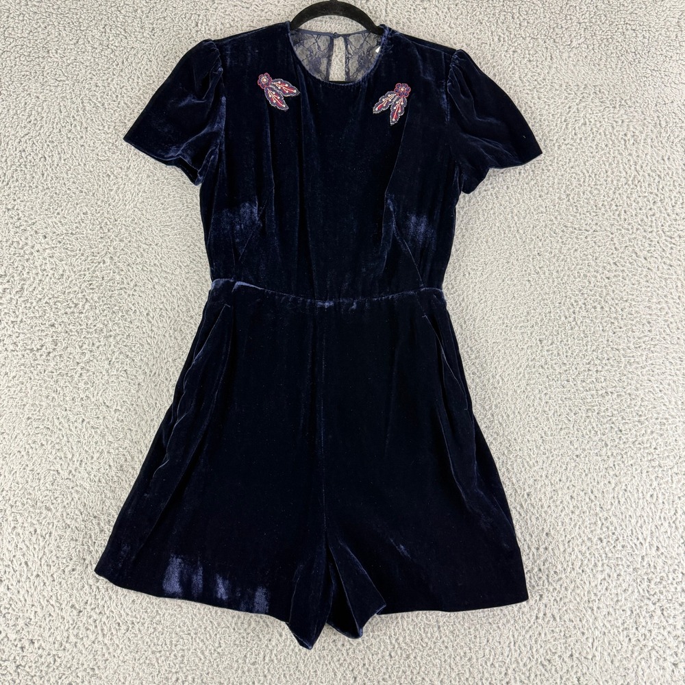 Sandro Velvet Romper Womens Size 2 Navy Blue Lace Back Embroidered Short Sleeve